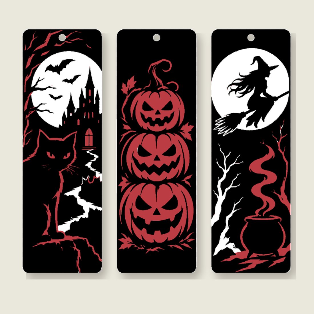 Three cut-out Halloween bookmarks printed in three filaments