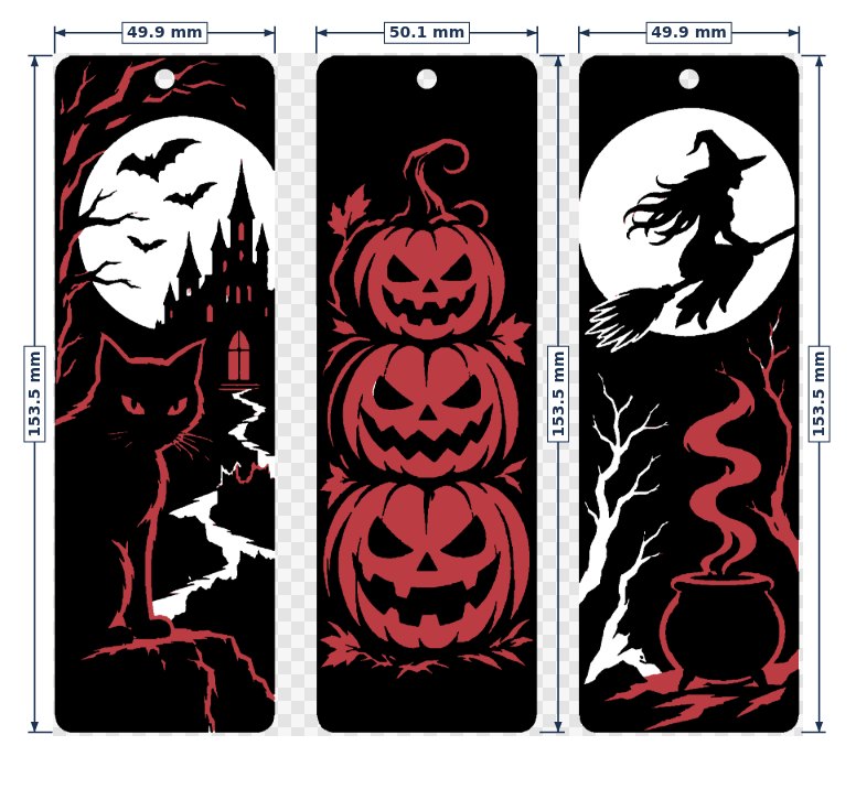 Three Halloween bookmarks cut out, with tassel holes and dimensions